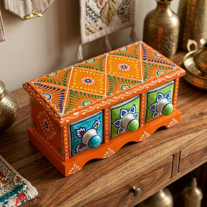 Handcrafted Wooden 3 Drawer Storage Box