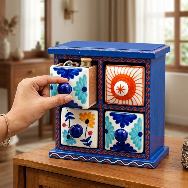 Handcrafted Wooden 4 Drawer Storage Box
