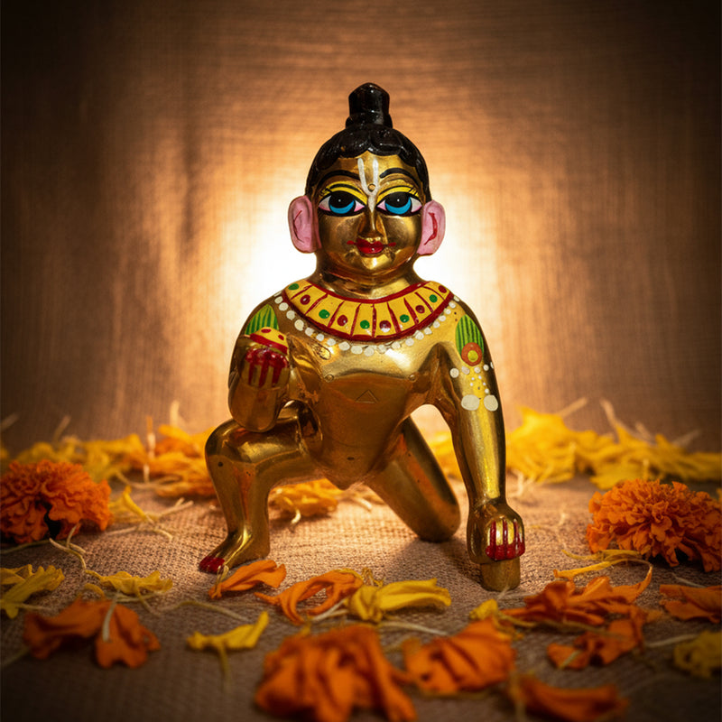 Brass Laddu Gopal Idol Full Premium Hand Painted Size No 7
