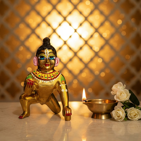 Brass Laddu Gopal Idol Full Premium Hand Painted Size No 7