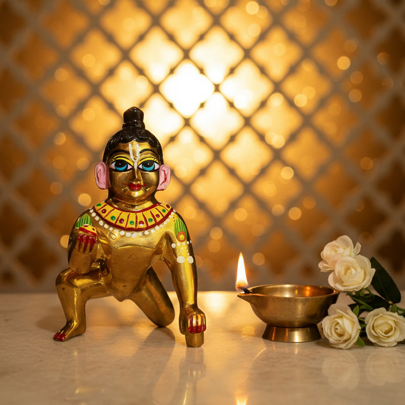 Brass Laddu Gopal Idol Full Premium Hand Painted Size No 7