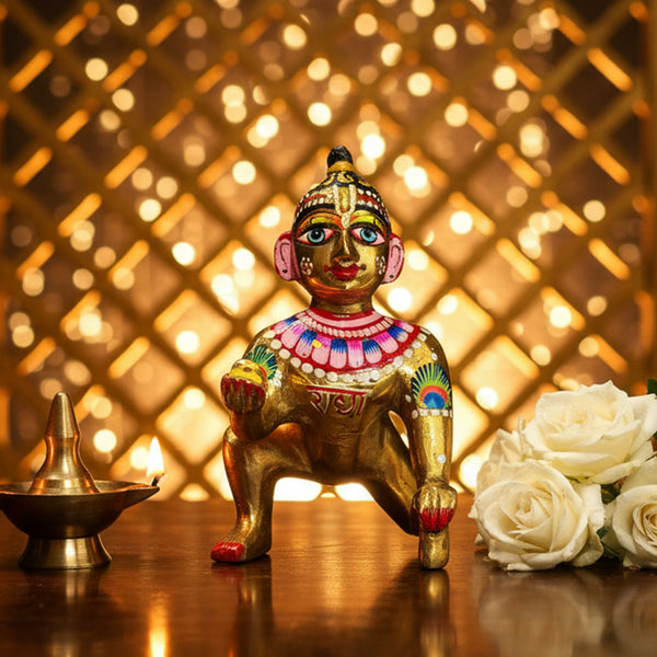 Brass Laddu Gopal Idol Full Premium Hand Painted Size No 6