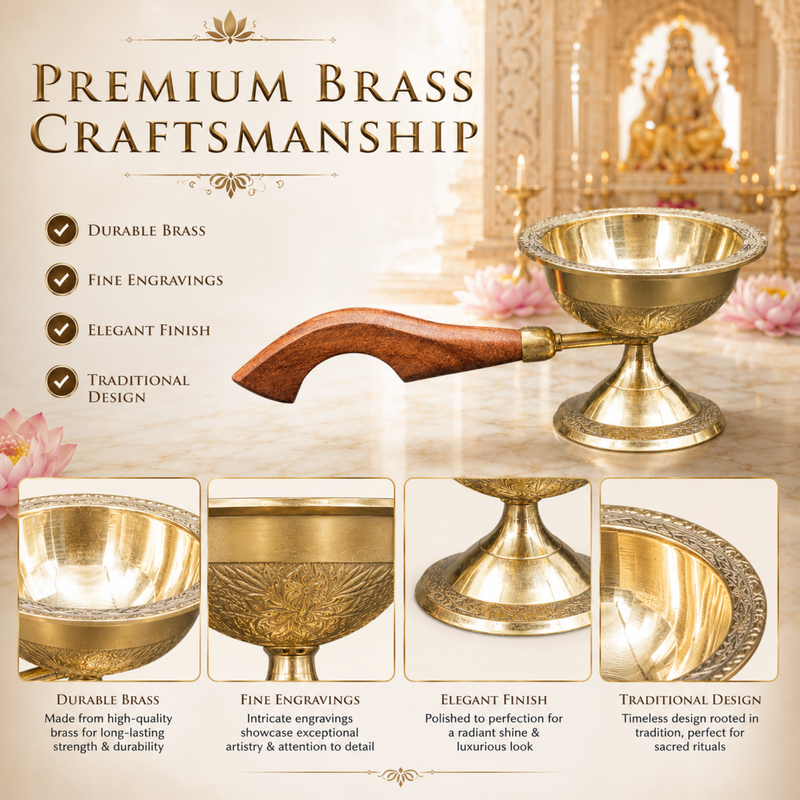 Brass Dhupia Aarti with Fancy Wooden Handle