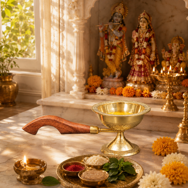 Brass Dhupia Aarti with Fancy Wooden Handle
