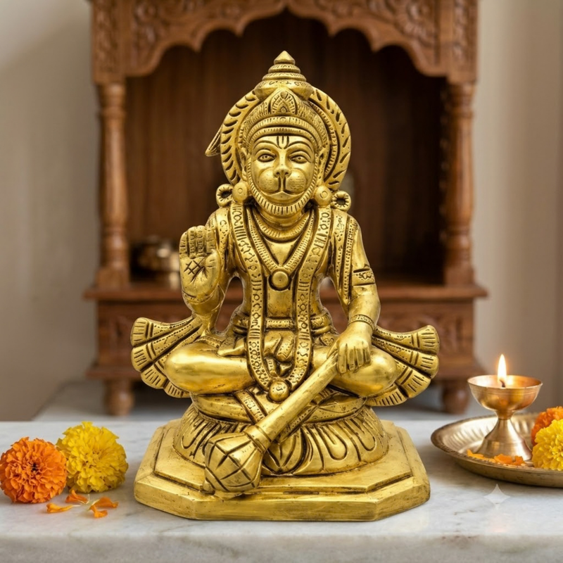 Brass Sitting Hanuman Idol 6 Inch
