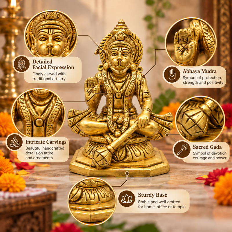 Brass Sitting Hanuman Idol 6 Inch