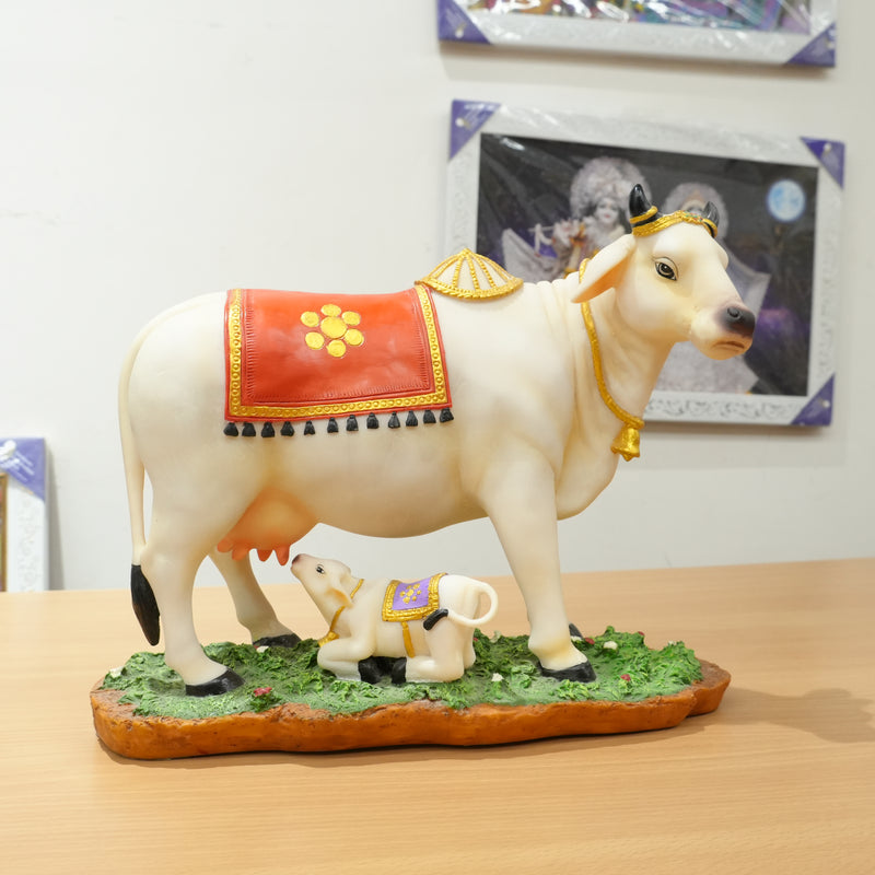 Decorated Sacred Cow & Calf on Base Polyresin Idol (Large)