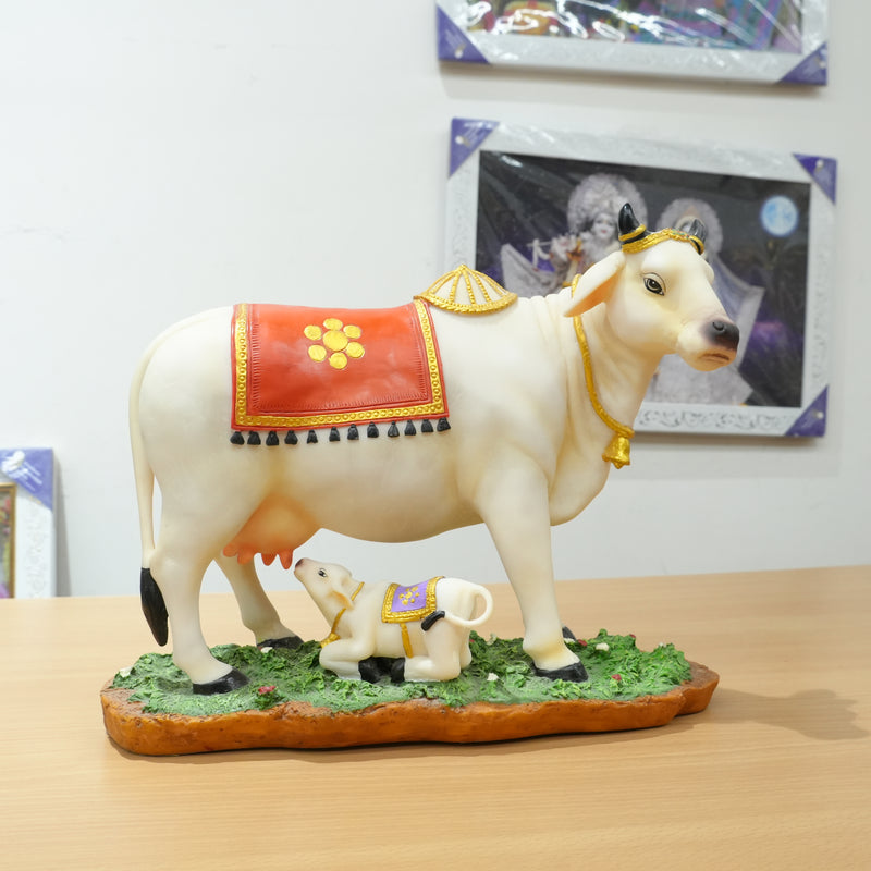 Decorated Sacred Cow & Calf on Base Polyresin Idol (Large)