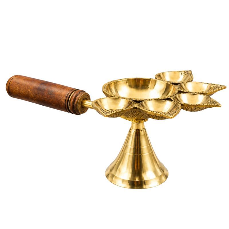 Brass Panch Aarti Diya with Handle