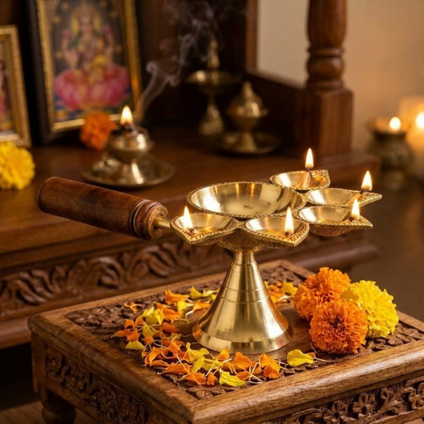 Brass Panch Aarti Diya with Handle No. 2