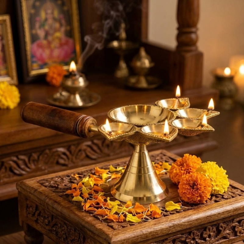 Brass Panch Aarti Diya with Handle