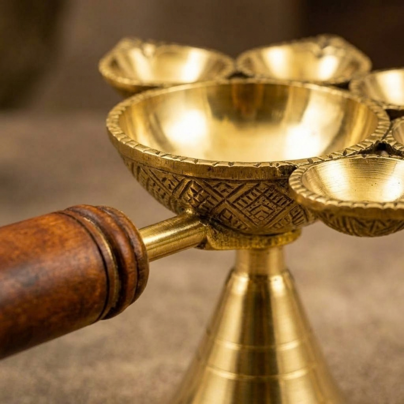 Brass Panch Aarti Diya with Handle