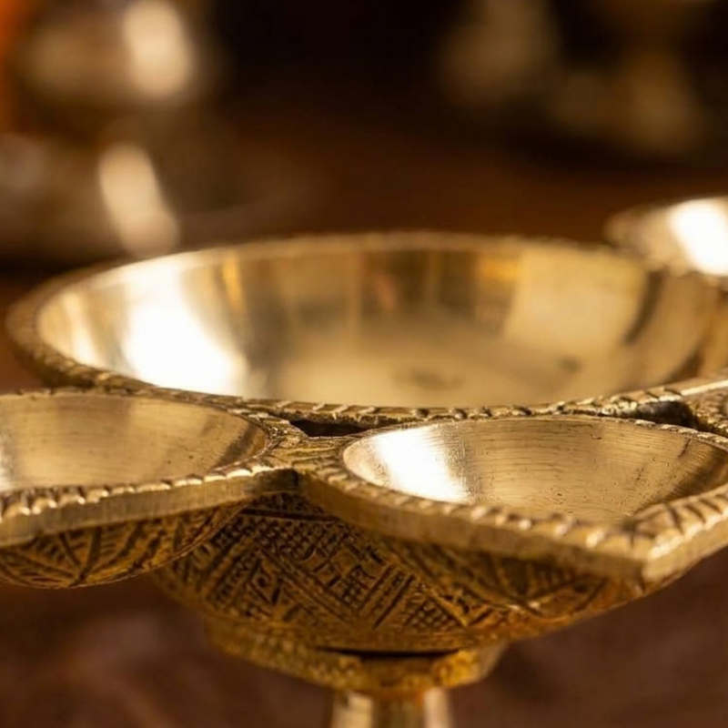 Brass Panch Aarti Diya with Handle