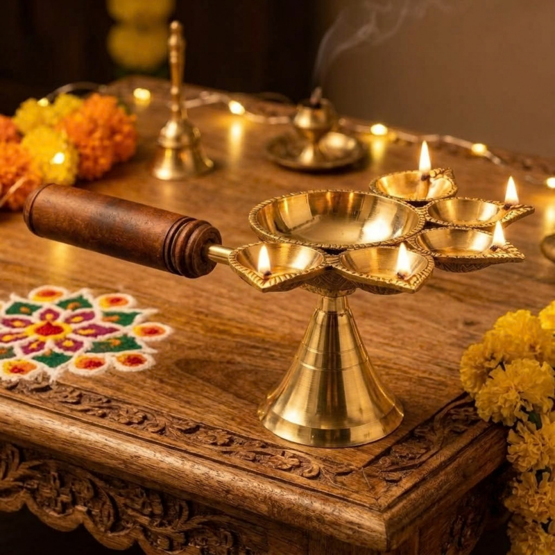 Brass Panch Aarti Diya with Handle
