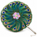 Double Side Peacock Feather Fan with Brass Handle 12 Inch  (Vyanjan)