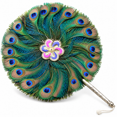 Double Side Peacock Feather Fan with Brass Handle 12 Inch