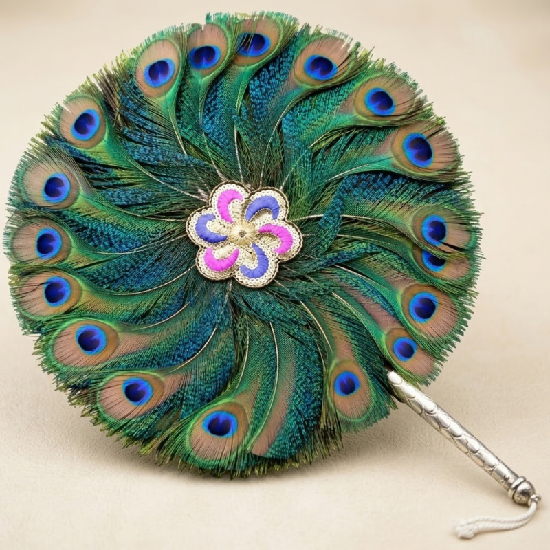 Double Side Peacock Feather Fan with Brass Handle 12 Inch