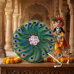 Double Side Peacock Feather Fan with Brass Handle 12 Inch