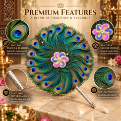 Double Side Peacock Feather Fan with Brass Handle 12 Inch