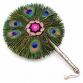 Double Side Peacock Feather Fan with Brass Handle 7 Inch  (Vyanjan)