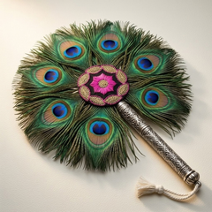 Double Side Peacock Feather Fan with Brass Handle 7 Inch
