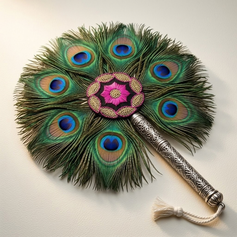 Double Side Peacock Feather Fan with Brass Handle 7 Inch