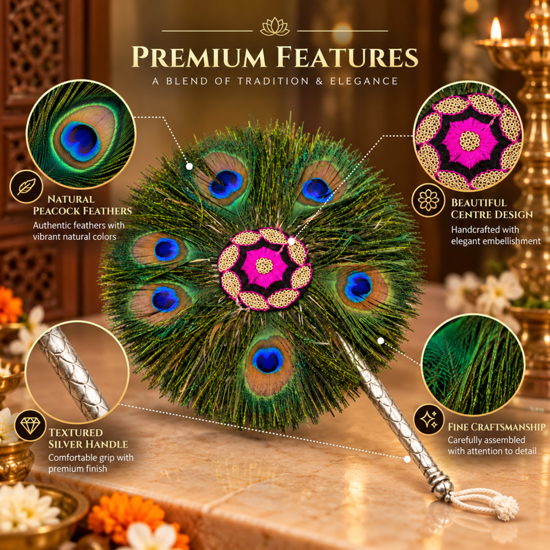 Double Side Peacock Feather Fan with Brass Handle 7 Inch