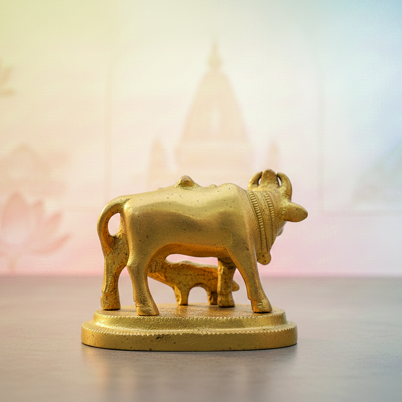 Pure Brass Nakshi Carved Cow Statue Small