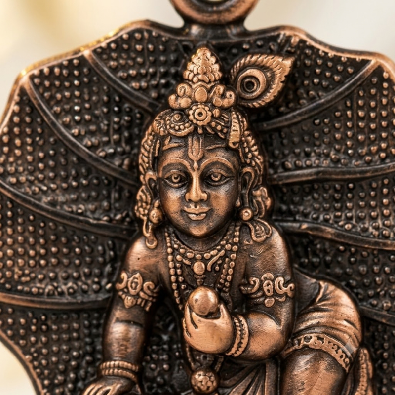 Lord Krishna on Peepal Leaf Metal Keychain