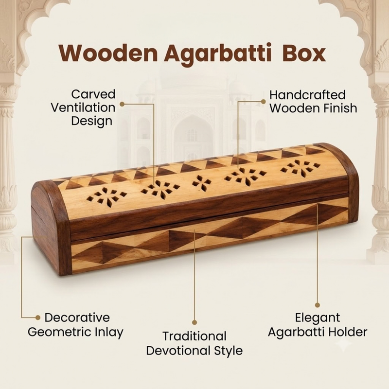 Wooden Handcrafted Agarbatti Box Holder with Ash Catcher & Cone Burner