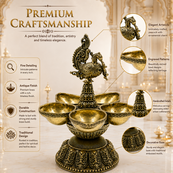 Brass Peacock Panch Aarti Diya