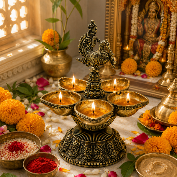 Brass Peacock Panch Aarti Diya