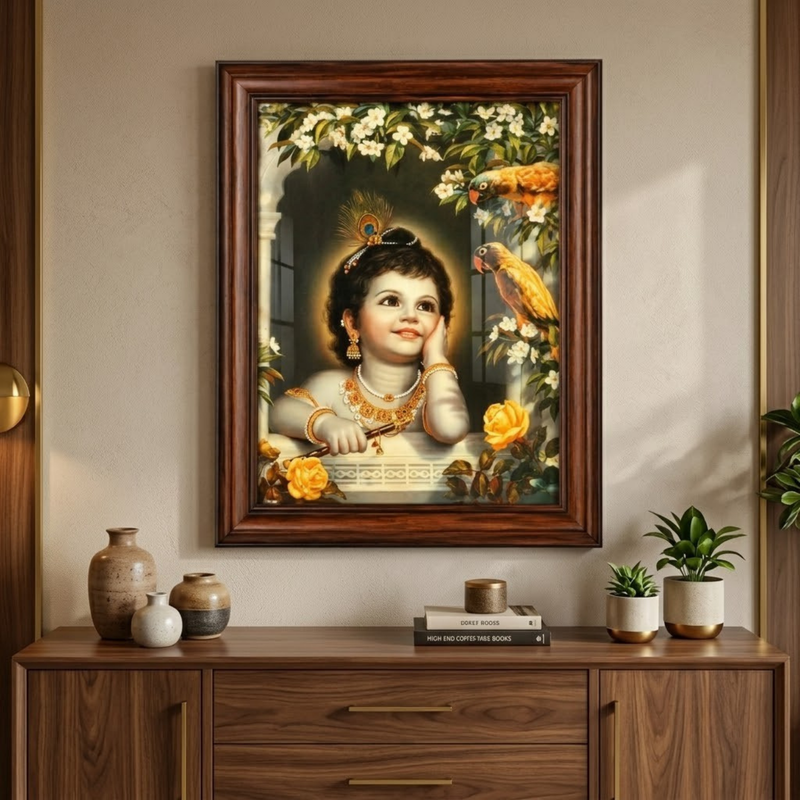 Cute Bal Gopal Eating Makhan Glow Frame (9 x 12 Inches)