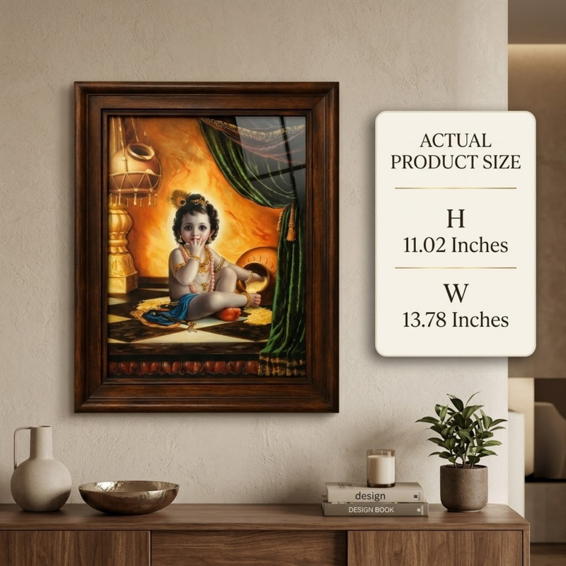 Cute Bal Gopal Eating Makhan Glow Frame (9 x 12 Inches)