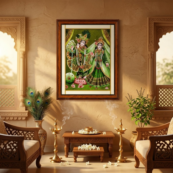 Radha Krishna Stone Studded Wooden Photo Frame