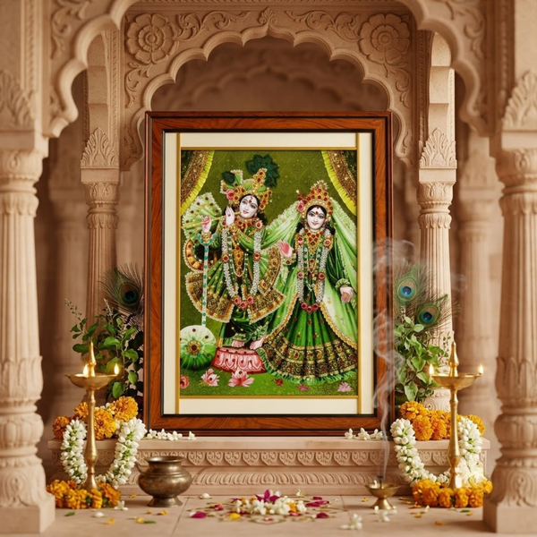 Radha Krishna Stone Studded Wooden Photo Frame