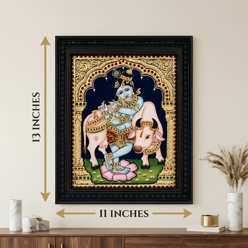 Cow Krishna Tanjore Gold Foil Painting