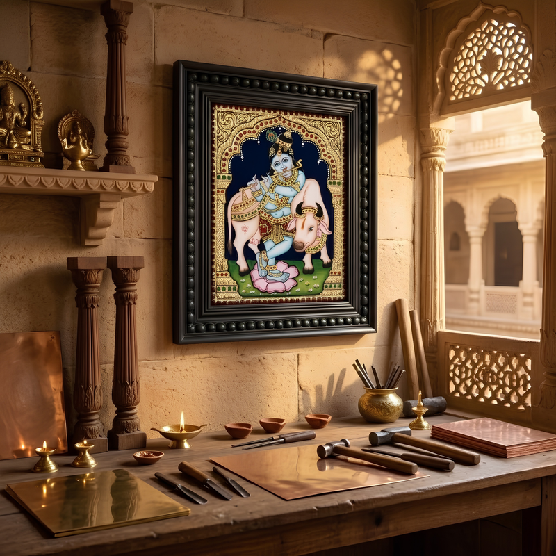 Cow Krishna Tanjore Gold Foil Painting