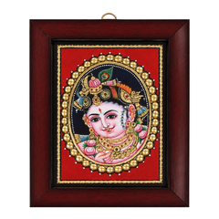 Oval Face Krishna Tanjore Gold Foil Painting