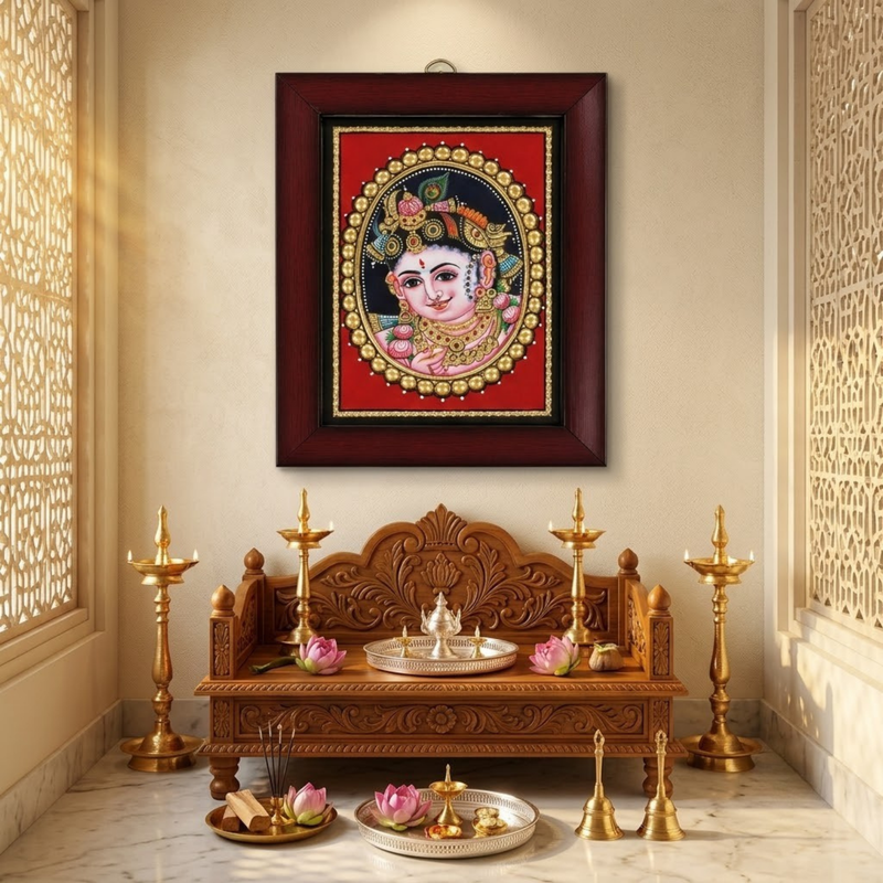 Oval Face Krishna Tanjore Gold Foil Painting