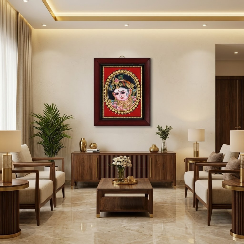 Oval Face Krishna Tanjore Gold Foil Painting