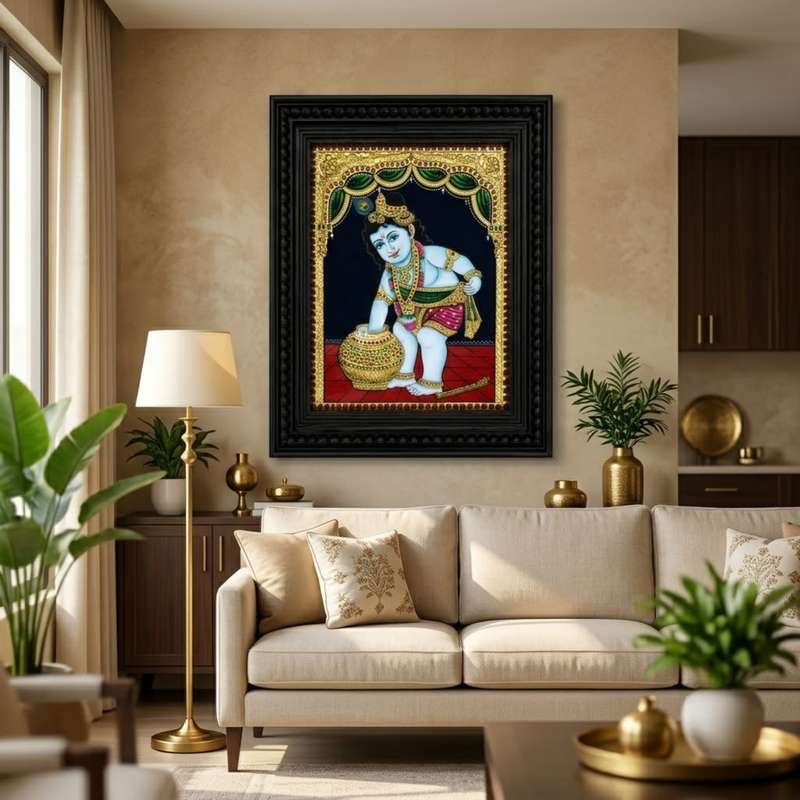 Butter Pot Krishna Tanjore Gold Foil Painting
