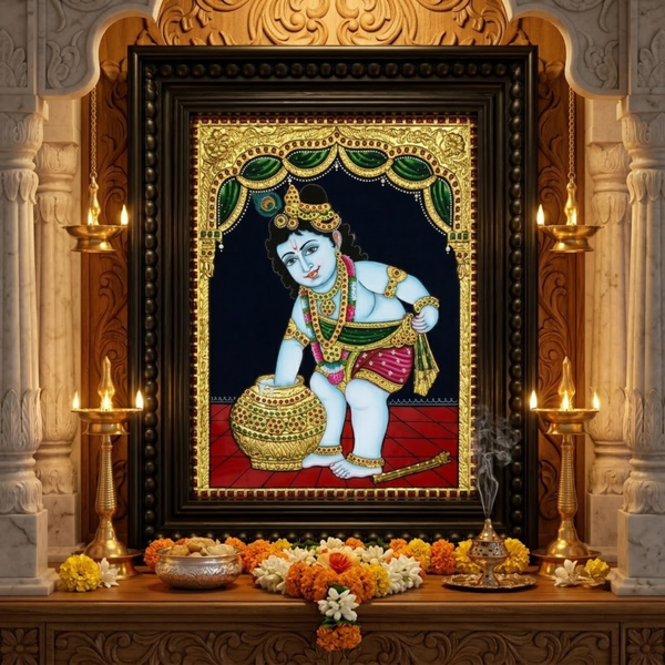 Butter Pot Krishna Tanjore Gold Foil Painting