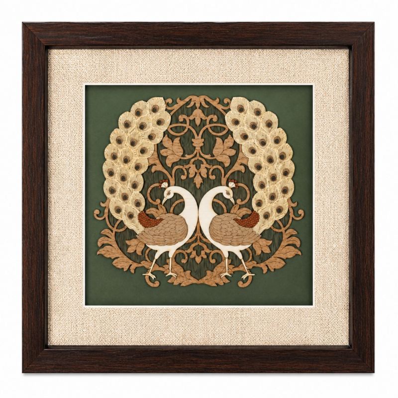 Twin Peacocks Wood Inlay Photo Frame