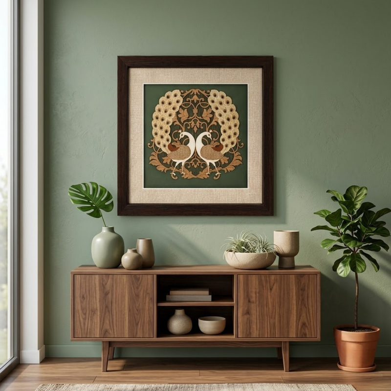 Twin Peacocks Wood Inlay Photo Frame