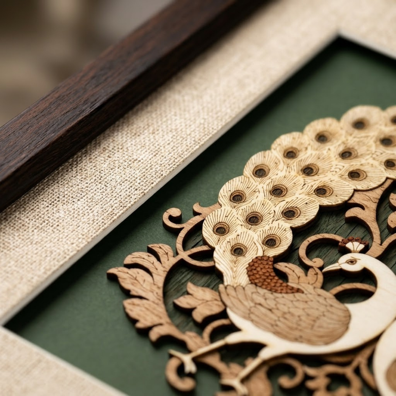 Twin Peacocks Wood Inlay Photo Frame