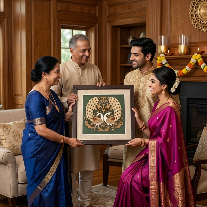Twin Peacocks Wood Inlay Photo Frame