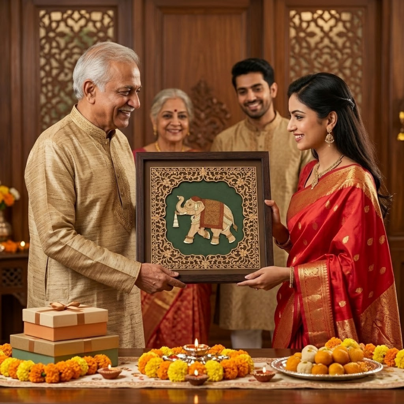Royal Elephant Wood Inlay Photo Frame