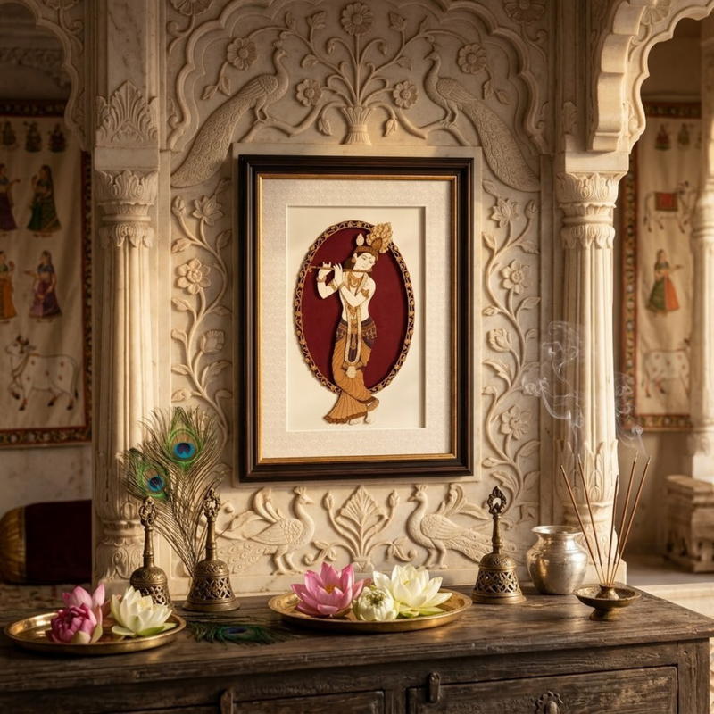 Lord Krishna Wood Inlay Photo Frame