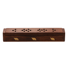 Wooden Agarbatti Stand Box with Brass Elephant Inlay & Ash Catcher